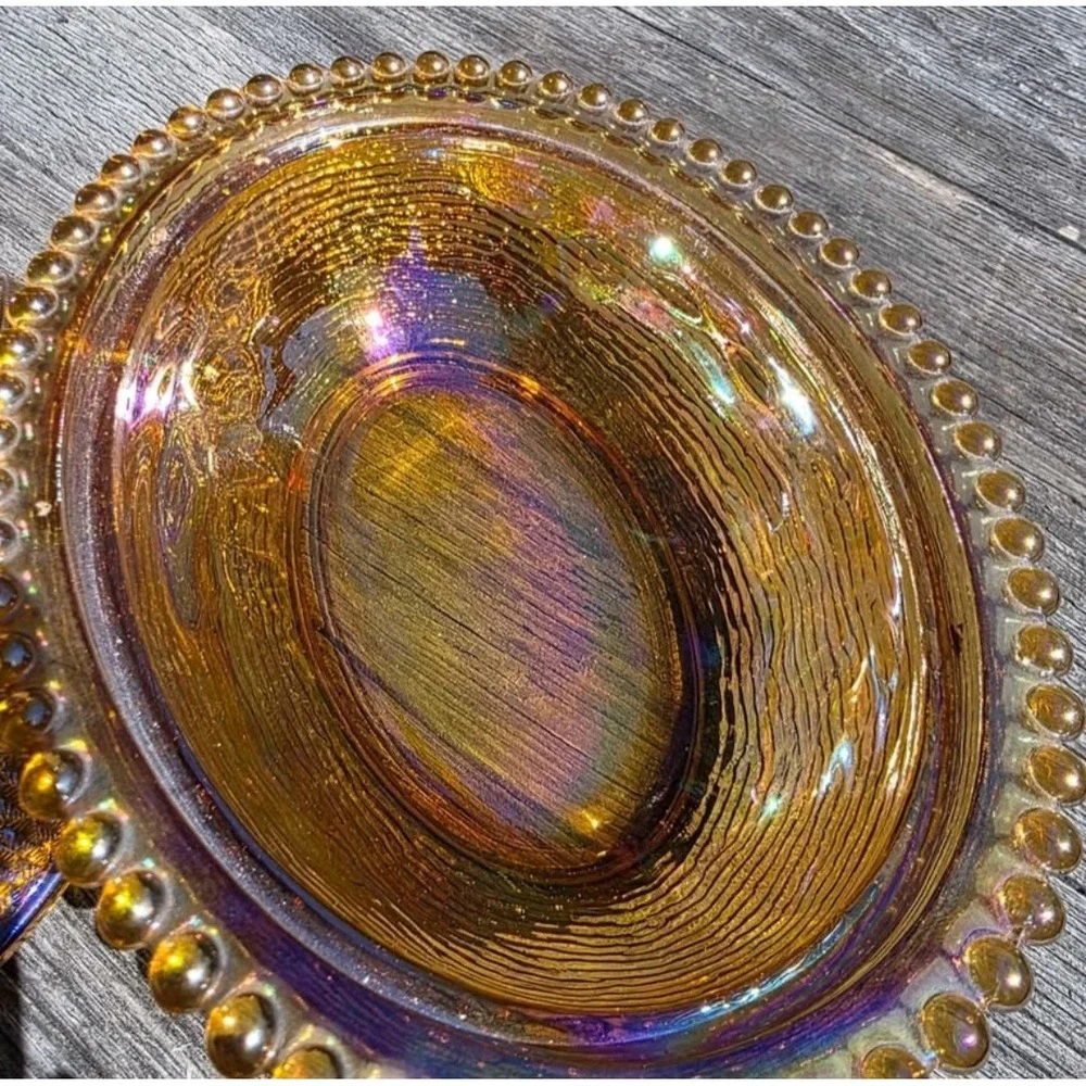 Indiana Glass Amber iridescent Carnival Glass Hen on Nest Covered Dish Rare VTG